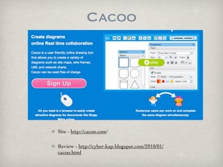 Cacoo




Site - http://cacoo.com/

Review - http://cyber-kap.blogspot.com/2010/01/
cacoo.html
 