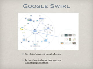 Google Swirl




Site - http://image-swirl.googlelabs.com/

Review - http://cyber-kap.blogspot.com/
2009/11/google-swirl.html
 