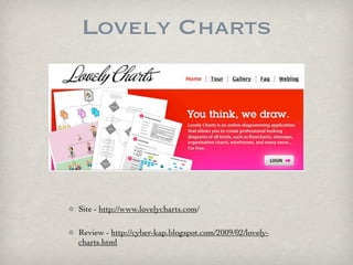 Lovely Charts




Site - http://www.lovelycharts.com/

Review - http://cyber-kap.blogspot.com/2009/02/lovely-
charts.html
 