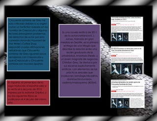 Cincuenta sombras de Grey ha
sido criticado debido a su origen
como un fanfiction basado en las
novelas de Crepúsculo y algunos
                                        Es una novela erótica de 2011
lectores presagiaron problemas
                                           de la autora británica E. L.
de derechos de autor por esta
                                            James. Narrada en gran
conexión.Amanda Hayward de
                                       medida en Seattle, es la primera
The Writer's Coffee Shop
                                          entrega de una trilogía que
respondió a estas afirmaciones
                                        describe la relación entre una
señalando que Cincuenta
                                             recién graduada de la
sombras de Grey «guarda poca
                                        universidad, Anastasia Steele, y
semejanza con Crepúsculo» y
                                       un joven magnate de negocios,
que «Crepúsculo y Cincuenta
                                        Christian Grey. Se destaca por
sombras son mundos aparte».
                                          sus escenas explícitamente
                                        eróticas, con elementos de las
                                             prácticas sexuales que
                                       involucran: bondage/disciplina,
                                              dominación/sumisión,
En España, el primer libro de la         sadismo/masoquismo (BDSM).
saga traducido al español salió a
la venta el 6 de junio de 2012,
impreso por la editorial Grijalbo, y
los dos siguientes libros se
publicaron el 4 de julio del mismo
año.
 