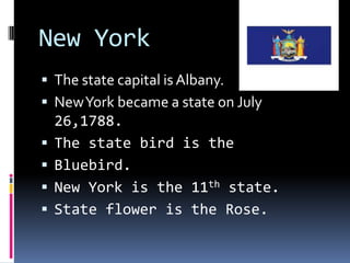 New York
 The state capital is Albany.
 New York became a state on July
    26,1788.
   The state bird is the
   Bluebird.
   New York is the 11th state.
   State flower is the Rose.
 