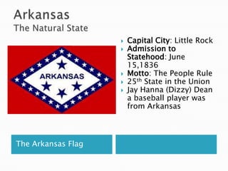    Capital City: Little Rock
                       Admission to
                        Statehood: June
                        15,1836
                       Motto: The People Rule
                       25th State in the Union
                       Jay Hanna (Dizzy) Dean
                        a baseball player was
                        from Arkansas



The Arkansas Flag
 