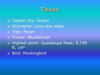    Capitol city: Austin
   Nickname: Lone star state
   Tree: Pecan
   Flower: Bluebonnet
   Highest point: Guadalupe Peak; 8,749
    ft, 14th
   Bird: Mockingbird
 
