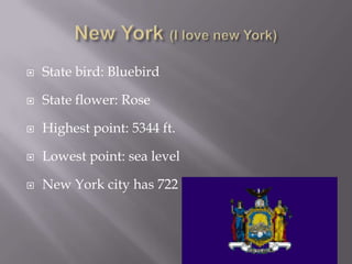    State bird: Bluebird

   State flower: Rose

   Highest point: 5344 ft.

   Lowest point: sea level

   New York city has 722 miles of subway track.
 