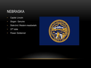 NEBRASKA
•   Capital: Lincoln
•   Slogan: Genuine
•   State bird: Western meadowlark
•   37th state
•   Flower: Goldenrod
 