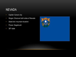 NEVADA
•   Capital: Carson city
•   Slogan: Discover both sides of Nevada
•   State bird: mountain bluebird
•   Flower: Sagebrush
•   36th state
 