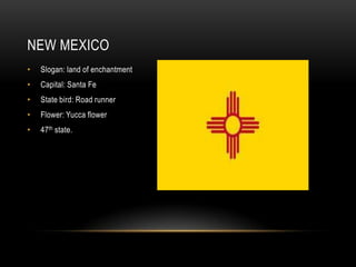 NEW MEXICO
•   Slogan: land of enchantment
•   Capital: Santa Fe
•   State bird: Road runner
•   Flower: Yucca flower
•   47th state.
 