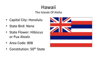 Hawaii
                     The Islands Of Aloha

• Capital City: Honolulu
• State Bird: Nene
• State Flower: Hibiscus
  or Pua Aloalo
• Area Code: 808
• Constitution: 50th State
 