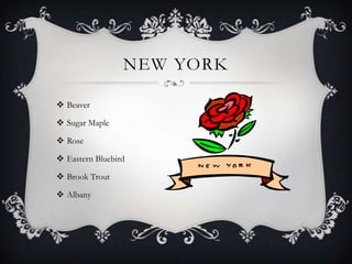 NEW YORK

 Beaver

 Sugar Maple

 Rose

 Eastern Bluebird

 Brook Trout

 Albany
 