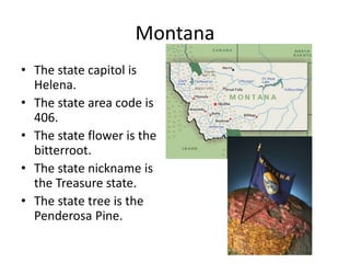 Montana
• The state capitol is
  Helena.
• The state area code is
  406.
• The state flower is the
  bitterroot.
• The state nickname is
  the Treasure state.
• The state tree is the
  Penderosa Pine.
 
