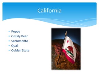 California


Poppy
Grizzly Bear
Sacramento
Quail
Golden State
 