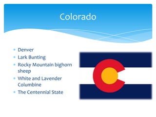 Colorado


Denver
Lark Bunting
Rocky Mountain bighorn
sheep
White and Lavender
Columbine
The Centennial State
 