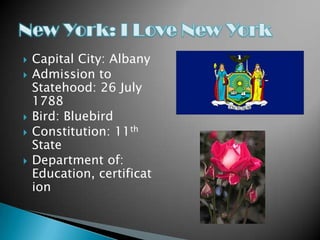    Capital City: Albany
   Admission to
    Statehood: 26 July
    1788
   Bird: Bluebird
   Constitution: 11th
    State
   Department of:
    Education, certificat
    ion
 