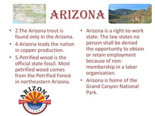 Arizona
• 2.The Arizona trout is        • Arizona is a right-to-work
  found only in the Arizona.      state. The law states no
• 4.Arizona leads the nation      person shall be denied
  in copper production.           the opportunity to obtain
• 5.Petrified wood is the         or retain employment
  official state fossil. Most     because of non-
  petrified wood comes            membership in a labor
  from the Petrified Forest       organization.
  in northeastern Arizona.      • Arizona is home of the
                                  Grand Canyon National
                                  Park.
 