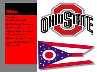 Ohio
•Location:
39.988N, 82.987W
•Admission to Statehood:
March 1, 1803
•Highest Point: Campbell
Hill; 1,550 feet, 43rd
•Flower: Scarlet Carnation
•Lowest Point: Ohio River;
433 feet, 36th
 