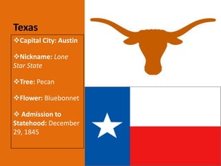 Texas
Capital City: Austin

Nickname: Lone
Star State

Tree: Pecan

Flower: Bluebonnet

 Admission to
Statehood: December
29, 1845
 