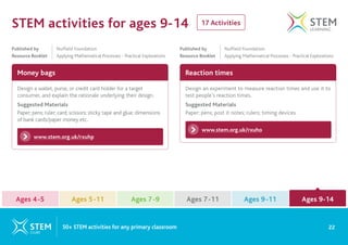17 Activities
STEM activities for ages 9-14
Money bags Reaction times
www.stem.org.uk/rxuhp
www.stem.org.uk/rxuho
Design a wallet, purse, or credit card holder for a target
consumer, and explain the rationale underlying their design.
Suggested Materials
Paper; pens; ruler; card; scissors; sticky tape and glue; dimensions
of bank cards/paper money etc.
Design an experiment to measure reaction times and use it to
test people’s reaction times.
Suggested Materials
Paper; pens; post it notes; rulers; timing devices.
Published by 		 Nuffield Foundation
Resource Booklet Applying Mathematical Processes - Practical Explorations
Published by 		 Nuffield Foundation
Resource Booklet Applying Mathematical Processes - Practical Explorations
22
50+ STEM activities for any primary classroom
Ages 4-5 Ages 7-9 Ages 9-11
Ages 5-11 Ages 7-11 Ages 9-14
Ages 9-14
 