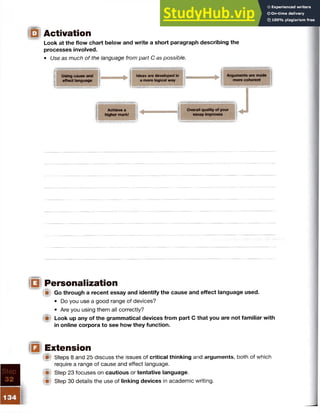 id Activation
Look at the flow chart below and write a short paragraph describing the
processes involved.
• Use as much of the language from part C as possible.
Using cause and
effect language
Ideas are developed in
a more logical way
Arguments are made
more coherent
Achieve a
higher mark!
Overall quality of your
essay improves J
□ Personalization
W Go through a recent essay and identify the cause and effect language used.
• Do you use a good range of devices?
• Are you using them all correctly?
IW Look up any of the grammatical devices from part C that you are not familiar with
in online corpora to see how they function.
Extension
( p Steps 8 and 25 discuss the issues of critical thinking and arguments, both of which
require a range of cause and effect language.
M Step 23 focuses on cautious or tentative language.
« Step 30 details the use of linking devices in academic writing.
 