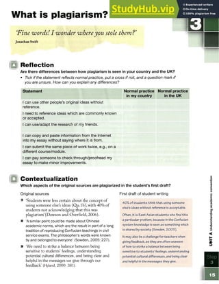 What is plagiarism?
‘
Fine words! I wonder whereyou stole themV
Jonathan Swift
- _ _ j _ ,
□ Reflection
Are there differences between how plagiarism is seen in your country and the UK?
• Tick if the statement reflects normal practice, put a cross if not, and a question mark if
you are unsure. How can you explain any differences?
Statement Normal practice Normal practice
in my country in the UK
I can use other people’s original ideas without
reference.
I need to reference ideas which are commonly known
or accepted.
I can use/adapt the research of my friends.
I can copy and paste information from the Internet
into my essay without saying where it is from.
I can submit the same piece of work twice, e.g., on a
different course/module.
I can pay someone to check through/proofread my
essay to make minor improvements.
|Q Contextualization
Which aspects of the original sources are plagiarized in the student’s first draft?
Original sources
® ‘Students were less certain about the concept of
using someone else’s ideas (Qu.lb), with 40% of
students not acknowledging that this was
plagiarism’(Dawson and Overfield, 2006).
* ‘A similar point could be made about Chinese
academic norms, which are the result in part of a long
tradition of reproducing Confucian teachings in civil
service exams. The philosopher’s words were known
by and belonged to everyone’ (Sowden, 2005: 227).
& ‘We need to strike a balance between being
sensitive to students’ feelings, understanding
potential cultural differences, and being clear and
helpful in the messages we give through our
feedback’ (Hyland, 2000: 381).
First draft of student writing
40%of students think that using someone
else’s ideas without reference is acceptable.
Often, it is East Asian students who find this
a particular problem, because in the Confucian
system knowledge is seen as something which
is shared by society (5owden, 2005).
It may also be a challenge for teachers when
giving feedback, as they are often unaware
of howto strike a balance between being
sensitive to students’feelings, understanding
potential cultural differences, and being clear
and helpful in the messages they give.
15
UNIT
A
Understanding
academic
convention
 