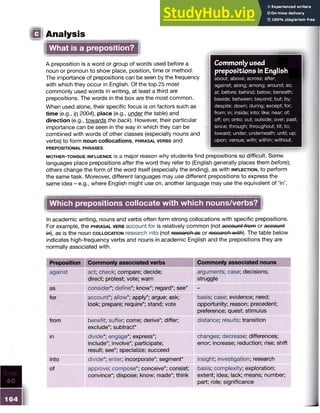 IQ Analysis
Commonlyused
prepositions inEnglish
about; above; across; after;
against; along; among; around; as;
at; before; behind; below; beneath;
beside; between; beyond; but; by;
despite; down; during; except; for;
from; in; inside; into; like; near; of;
off; on; onto; out; outside; over; past;
since; through; throughout; till; to;
toward; under; underneath; until; up;
upon; versus; with; within; without.
What is a preposition?
A preposition is a word or group of words used before a
noun or pronoun to show place, position, time or method.
The importance of prepositions can be seen by the frequency
with which they occur in English. Of the top 25 most
commonly used words in writing, at least a third are
prepositions. The words in the box are the most common.
When used alone, their specific focus is on factors such as
tim e (e.g., in 2004), p la c e (e.g., under the table) and
d ire c tio n (e.g., towards the back). However, their particular
importance can be seen in the way in which they can be
combined with words of other classes (especially nouns and
verbs) to form n o u n c o llo c a tio n s , p h ra s a l ve rb s and
PREPOSITIONAL PHRASES.
m o th e r-to n g u e in flu e n c e is a major reason why students find prepositions so difficult. Some
languages place prepositions after the word they refer to (English generally places them before);
others change the form of the word itself (especially the ending), as with in fle c tio n , to perform
the same task. Moreover, different languages may use different prepositions to express the
same idea - e.g., where English might use on, another language may use the equivalent of ‘in’.
Which prepositions collocate with which nouns/verbs?
In academic writing, nouns and verbs often form strong collocations with specific prepositions.
For example, the p h ra s a l v e rb account for is relatively common (not account from or account
m), as is the noun c o llo c a tio n research into (not research as or research with). The table below
indicates high-frequency verbs and nouns in academic English and the prepositions they are
normally associated with.
Step
Preposition Commonly associated verbs Commonly associated nouns
against act; check; compare; decide;
direct; protest; vote; warn
arguments; case; decisions;
struggle
as consider*; define*; know*; regard*; see* -
for account*; allow*; apply*; argue; ask;
look; prepare; require*; stand; vote
basis; case; evidence; need;
opportunity; reason; precedent;
preference; quest; stimulus
from benefit; suffer; come; derive*; differ;
exclude*; subtract*
distance; results; transition
in divide*; engage*; express*;
include*; involve*; participate;
result; see*; specialize; succeed
changes; decrease; differences;
error; increase; reduction; rise; shift
into divide*; enter; incorporate*; segment* insight; investigation; research
of approve; compose*; conceive*; consist;
convince*; dispose; know; made*; think
basis; complexity; exploration;
extent; idea; lack; means; number;
part; role; significance
164
 