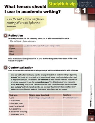 What tenses should
I use in academic writing?
7 see thepast, present and,future
existing all at once before me. ’
William Blake
ID Reflection
Write explanations for the following terms, all of which are related to verbs.
• Use a dictionary if you are unsure.
Tense An element of the verb which relates mainly to time
Aspect
Voice
Mood
How do the same categories work in your mother tongue? Is ‘time’ seen in the same
way as in English?
o Contextualization
Look at the verb forms in the following passage and complete the table which follows.
Verbs are1a difficult and challenging aspect of language for students. In academic writing, it is generally
accepted2that certain verb forms, such as the present simple, appear more frequently than others, such
as the present continuous. This difference has been noted3by many scholars in the field. Moreover, due
to technical advances in the way that texts can be analyzed4,the detailed study of verbs in academic
writing is becoming5more popular. These advances have made it easier for those academics who have
been analyzing6such texts manually over the past few years. Thus, important discoveries have been7
made by a number of linguists working in the academic fields of verbs and verb phrases.
Verb form What is being described Verb form
1. are S tate in the present, generally true Present simple/active
2. is accepted
3. has been noted
4. can be analyzed
5. is becoming
6. have been analyzing
7. have been made
167
UNIT
I
Improving
your
gramm
ar
 