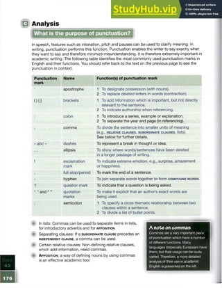 Step
4 3
!□ Analysis
What is the purpose of punctuation?
In speech, features such as intonation, pitch and pauses can be used to clarify meaning. In
writing, punctuation performs this function. Punctuation enables the writer to say exactly what
they want to say and therefore minimize misunderstanding. It is therefore extremely important in
academic writing. The following table identifies the most commonly used punctuation marks in
English and their functions. You should refer back to the text on the previous page to see the
punctuation in context.
Punctuation
mark
Name Function(s) of punctuation mark
J apostrophe 1 To designate possession (with nouns).
2 To replace deleted letters in words (contraction).
( ) [ ] brackets 1 To add information which is important, but not directly
relevant to the sentence.
2 To indicate authorship when referencing.
■ colon 1 To introduce a series, example or explanation.
2 To separate the year and page (in referencing).
J comma To divide the sentence into smaller units of meaning
(e.g., re la tiv e c la u s e s , s u b o rd in a te c la u s e s , lists).
See below for further details.
-a b c - dashes To represent a break in thought or idea.
... ellipsis To show where words/sentences have been deleted
in a longer passage of writing.
i exclamation
mark
To indicate extreme emotion, e.g., surprise, amazement
or happiness.
. full stop/period To mark the end of a sentence.
- hyphen To join separate words together to form com pound w o rd s .
? question mark To indicate that a question is being asked.
‘ ’ and “ ” quotation
marks
To make it explicit that an author’s exact words are
being used.
j semicolon 1 To specify a close thematic relationship between two
clauses within a sentence.
2 To divide a list of bullet points.
In lists: Commas can be used to separate items in lists,
for introductory adverbs and for apposition.
Separating clauses: If a s u b o rd in a te c la u s e precedes an
independent c la u s e , a comma can be used.
Certain relative clauses: Non-defining relative clauses,
which add information, need commas.
A pposition: a way of defining nouns by using commas
is an effective academic tool.
A note on commas
Commas are a very important piece
of punctuation which have a number
of different functions. Many
languages (especially European) have
them, but their usage can be quite
varied. Therefore, a more detailed
analysis of their use in academic
English is presented on the left.
176
 