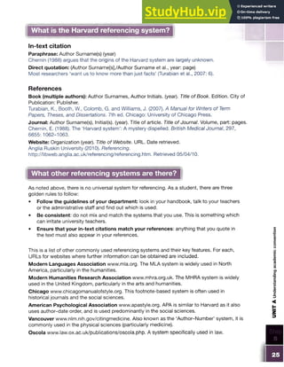 What is the Harvard referencing system?
In-text citation
Paraphrase: Author Surname(s) (year)
Chernin (1988) argues that the origins of the Harvard system are largely unknown.
Direct quotation: (Author Surname[s],/Author Surname et al., year: page)
Most researchers ‘want us to know more than just facts’ (Turabian et al., 2007: 6).
References
Book (multiple authors): Author Surnames, Author Initials, (year). Title of Book. Edition. City of
Publication: Publisher.
Turabian, K., Booth, W., Colomb, G. and Williams, J. (2007). A Manual for Writers of Term
Papers, Theses, and Dissertations. 7th ed. Chicago: University of Chicago Press.
Journal: Author Surname(s), Initial(s). (year). Title of article. Title of Journal. Volume, part: pages.
Chernin, E. (1988). The ‘Harvard system’: A mystery dispelled. British Medical Journal, 297,
6655: 1062-1063.
Website: Organization (year). Title of Website. URL. Date retrieved.
Anglia Ruskin University (2010). Referencing.
http://libweb.anglia.ac.uk/referencing/referencing.htm. Retrieved 05/04/10.
What other referencing systems are there?
As noted above, there is no universal system for referencing. As a student, there are three
golden rules to follow:
• Follow the guidelines of your department: look in your handbook, talk to your teachers
or the administrative staff and find out which is used.
• Be consistent: do not mix and match the systems that you use. This is something which
can irritate university teachers.
• Ensure that your in-text citations match your references: anything that you quote in
the text must also appear in your references.
This is a list of other commonly used referencing systems and their key features. For each,
URLs for websites where further information can be obtained are included.
Modern Languages Association www.mla.org. The MLA system is widely used in North
America, particularly in the humanities.
Modern Humanities Research Association www.mhra.org.uk. The MHRA system is widely
used in the United Kingdom, particularly in the arts and humanities.
Chicago www.chicagomanualofstyle.org. This footnote-based system is often used in
historical journals and the social sciences.
American Psychological Association www.apastyle.org. APA is similar to Harvard as it also
uses author-date order, and is used predominantly in the social sciences.
Vancouver www.nlm.nih.gov/citingmedicine. Also known as the ‘Author-Number’ system, it is
commonly used in the physical sciences (particularly medicine). I
Oscola www.law.ox.ac.uk/publications/oscola.php. A system specifically used in law.
I!
UNIT
A
Understanding
academic
convention
 