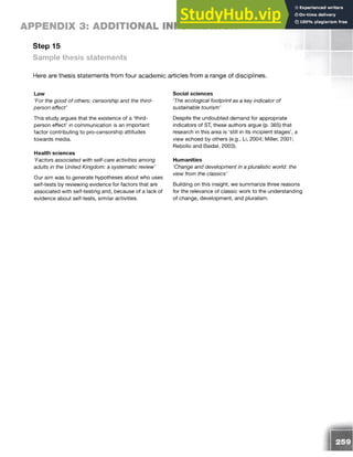 APPENDIX 3: ADDITIONAL INFORMATION
Step 15
Sample thesis statements
Here are thesis statements from four academic articles from a range of disciplines.
Law
‘For the good of others: censorship and the third-
person effect’
This study argues that the existence of a ‘third-
person effect’ in communication is an important
factor contributing to pro-censorship attitudes
towards media.
Health sciences
‘Factors associated with self-care activities among
adults in the United Kingdom: a systematic review’
Our aim was to generate hypotheses about who uses
self-tests by reviewing evidence for factors that are
associated with self-testing and, because of a lack of
evidence about self-tests, similar activities.
Social sciences
‘The ecological footprint as a key indicator of
sustainable tourism’
Despite the undoubted demand for appropriate
indicators of ST, these authors argue (p. 365) that
research in this area is ‘still in its incipient stages’, a
view echoed by others (e.g., Li, 2004; Miller, 2001;
Rebollo and Baidal, 2003).
Humanities
‘Change and development in a pluralistic world: the
view from the classics’
Building on this insight, we summarize three reasons
for the relevance of classic work to the understanding
of change, development, and pluralism.
 