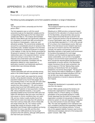 APPENDIX 3: ADDITIONAL INFORMATION
Step 18
Examples of good paragraphs
The following body paragraphs come from academic articles in a range of disciplines.
Law
‘For the good of others: censorship and the third-
person effect’
The first regression was run with the overall
censorship scale as the dependent variable and the
corresponding effects gap as the final independent
variable (see Table 4). This analysis demonstrated
that the media effects gap was significantly related to
the willingness to censor even after accounting for
the influence of demographic, media use, and
attitudinal variables. The conventional variables did
account for a considerable amount of variance in the
censorship scale: variables included in the first three
blocks explained a combined 23 percent of variance
in the measure. In total, the four blocks accounted for
26 percent of variance in the measure. All significant
relationships were in the expected direction: women
were more willing to censor than men, while age,
religiosity and conservatism were positively
associated with censorship. Consistent with the
perspective offered by many researchers, a
particularly important, and statistically significant,
variable block was individual attitudes.
Health sciences
‘Factors associated with self-care activities among
adults in the United Kingdom: a systematic review’
A link with poor health was supported by several
studies. Using adjusted analyses, the high quality
population-based survey found that people with a
long-standing illness or who saw their GP more often
were more likely to have seen a CAM practitioner
recently than other people [11, 12], and a medium
quality study found that CAM patients were more
likely than GP patients to have psychiatric morbidity
[29]. Using unadjusted analyses, a low quality
population-based survey found that CAM users had
higher GP attendance rates and were more likely to
have severe or chronic conditions than non-users
[18], and two medium quality studies found that
CAM patients were more likely than GP patients to
have had a serious illness [30], chronic illness [30]
and longer illness [30, 32]. Two medium quality
studies also looked at symptom length: one
described most Chinese medicine patients as having
symptoms for over a year [20], and the other
described new CAM patients as having longer
symptoms than GP patients, although CAM patients
also had lower pain scores [31].
Social sciences
‘The ecological footprint as a key indicator of
sustainable tourism’
Gossling et al. (2002) provide a component-based
framework for the calculation of a leisure tourism EF
for the Seychelles, using secondary data sources.
These authors found that the per tourist EF to be
some 1.9 gha/year (similar to the fair earthshare value
of some 2 gha/capita/ year), with an average holiday
in the Seychelles equivalent to 17-37% of the annual
EF of a citizen of an industrialised country. Well over
90% of the total leisure tourism footprint was found
to be due to air travel to and from the destination.
Critically, the authors conclude that, in part, the
Seychelles maintains a high quality local environment
for tourists at the expense of a much larger
hinterland, and that traditional approaches used to
assess sustainability, such as limits of acceptable
change or environmental impact assessment, would
fail to provide the required global perspective on the
sustainability of tourism activity in the Seychelles.
Indeed, focusing on the air travel component, the
authors argue (p. 210) that ‘[t]aking these results
seriously, air travel should, from an ecological
perspective, be actively discouraged’. The key point
here, echoing that made by Gossling et al. (2002), is
that locally derived and based indicators of ST are
not, by their very nature, capable of providing a
global perspective on tourism’s resource demands
and impacts.
Humanities
‘Change and development in a pluralistic world: the
view from the classics’
Crazier (1964) carefully analyzed the tendency for
bureaucratic organizations to resist change and
maintain inertia in a French setting. In a startling
anticipation of the punctuated equilibrium model,
Crazier described how the rhythm of bureaucratic
organization consisted of long periods of reliance on a
protective system of rules and regulations punctuated
by ‘very short periods of crisis and change’ (1964:
196). The rules and regulations were maintained with
such consistency because they guaranteed a degree
of independence from arbitrary authority. To focus
only on this apparent stability, however, was to omit a
‘distinctive and necessary element of the bureaucratic
system’ (Crazier, 1964: 196).
 