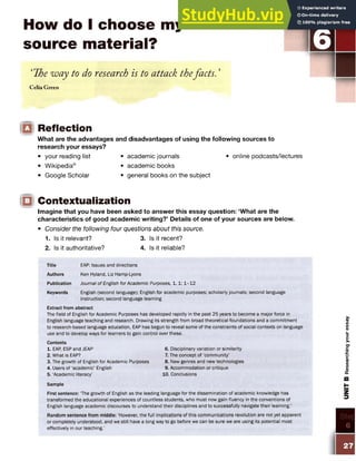How do I choose my
source material?
‘The way to do research is to attack thefacts. ’
Celia Green
STE P UNIT B
6
Reflection
What are the advantages and disadvantages of using the following sources to
research your essays?
• your reading list • academic journals • online podcasts/lectures
• Wikipedia® • academic books
• Google Scholar • general books on the subject
IQ Contextualization
Imagine that you have been asked to answer this essay question: ‘What are the
characteristics of good academic writing?’ Details of one of your sources are below.
• Consider the following four questions about this source.
1. Is it relevant? 3. Is it recent?
2. Is it authoritative? 4. Is it reliable?
Title EAP: Issues and directions
Authors Ken Hyland, Liz Hamp-Lyons
Publication Journal of English for AcademicPurposes, 1 ,1 :1 -1 2
Keywords English (second language); English for academic purposes; scholarly journals; second language
instruction; second language learning
Extract from abstract
The field of English for Academic Purposes has developed rapidly in the past 25 years to become a major force in
English language teaching and research. Drawing its strength from broad theoretical foundations and a commitment
to research-based language education, EAP has begun to reveal some of the constraints of social contexts on language
use and to develop ways for learners to gain control over these.
Contents
1. EAP, ESP and JEAP
2. What is EAP?
3. The growth of English for Academic Purposes
4. Users of ‘academic’ English
5. ‘Academic literacy’
6. Disciplinary variation or similarity
7. The concept of ‘community’
8. New genres and new technologies
9. Accommodation or critique
10. Conclusions
Sample
First sentence: The growth of English as the leading language for the dissemination of academic knowledge has
transformed the educational experiences of countless students, who must now gain fluency in the conventions of
English language academic discourses to understand their disciplines and to successfully navigate their learning.’
Random sentence from middle: ‘However, the full implications of this communications revolution are not yet apparent
or completely understood, and we still have a long way to go before we can be sure we are using its potential most
effectively in our teaching.’
27
UNIT
B
Researching
your
essay
 