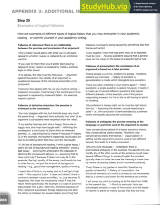 APPENDIX 3: ADDITIONAL INFORMATION
Step 25
Examples of logical fallacies
Here are examples of different types of logical fallacy that you may encounter in your academic
reading - or commit yourself in your academic writing.
Fallacies of relevance: there is no relationship
between the premise and conclusion of an argument
‘Only a traitor would agree with what you’ve just said.’ -
Appeal to emotion: reason is replaced by an emotional
reaction.
‘If you vote for them then you’d better start praying.’ -
Appeal to force: reason is replaced by military, political,
legal or other power.
‘If he agrees, the idea must be ridiculous.’ - Argument
against the person: the validity of an argument is
questioned because of the individual personality of its
proponent.
‘Everyone else agrees with me, so you must be wrong.’ -
Irrelevant conclusion (‘red herring’): the central point of an
argument is replaced by irrelevant detail - for example,
majority opinion.
Fallacies of defective induction: the premise is
irrelevant to the conclusion
‘You may disagree with me, but Aristotle says very much
the same thing.’ - Argument from authority: the ‘who’ of an
argument is considered more important than the ‘what’.
‘If my teacher teaches well, she is happy. Since she is
happy now, she must have taught well.’ - Affirming the
consequent: a conclusion is drawn from an irrelevant
premise, i.e., assuming that Q implies P because P implies
Q. In the example, the teacher’s happiness could easily be
due to something other than how well she has taught.
‘If I do lots of background reading, I write a good essay. I
didn’t do lots of background reading; therefore I wrote a
bad essay.’ - Denying the antecedent: the opposite of
affirming the consequent (above), i.e., assuming that Q
does not imply P because P does not imply Q. In the
example, the high quality of the essay could easily be due
to other factors, not just the amount of background
reading - e.g., good time management, quality of writing.
‘I spent lots of time on my essay and so it will get a high
mark.’ - Non sequitur (Latin: ‘it does not follow’): there is
confusion between cause and effect, i.e., just because Q
happened, this does not necessarily mean P was the
result. More specifically, the example is a case of post hoc
ergo propter hoc (Latin: ‘after this, therefore because of
this’): temporal succession (things happening one after
the other) is mistaken for causal relation (one thing that
happens necessarily being caused by something else that
happened earlier).
‘Every teacher I have met has been nice, so all teachers
must be nice.’ - Reverse accident: arguing that a general
case can be made on the basis of a specific fact or rule.
Fallacies of presumption: the conclusion of an
argument is based on a false premise
‘Killing people is a crime. Soldiers kill people. Therefore,
soldiers are criminals.’ - Fallacy of accident: a
generalization is made which disregards any exception.
‘Have you been cheating in your exams again?’ - Many
questions: a single question is asked; however, in reality it
is made up of several different questions that require
different answers. In the example, even if the person
responding answers ‘no’ he or she is still having to admit
to cheating.
‘My professor is always right, so he must be right about
this too.’ - Assuming the answer: circular reasoning is
used - i.e., the conclusion is demonstrated by a premise
which intrinsically assumes the conclusion.
Fallacies of ambiguity: the precise meaning of the
language or grammar used in the argument is unclear
‘Neo-conservatives believe in a liberal economic theory.
Neo-conservatives dislike liberals. Therefore, neo­
conservatives dislike themselves.’ - Equivocation: in
setting out the argument a word is used in two different
senses; this leads to a faulty conclusion.
‘She only likes chocolate.’ - Amphiboly: there is
grammatical ambiguity. In the example, the adverb only can
modify any of the other words so the sentence could mean
several different things. In spoken English this problem
typically does not arise because the meaning is made clear
by means of prosody (stress and/or intonation patterns).
‘Every flower in my garden is beautiful, therefore my
garden is beautiful.’ - Fallacy of composition: the
individual elements of a word or phrase do not necessarily
lead to a correct conclusion for the sentence as a whole.
‘I will prove my point by looking at all the data from 1648
to the present day ...’ - Proof by verbosity: facts are
submerged beneath a mass of information and the reader
or listener is asked to merely accept that they are true.
 
