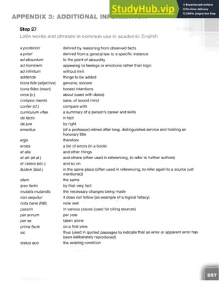 APPENDIX 3: ADDITIONAL INFORMATION
Step 27
Latin words and phrases in common use in academic English
a posteriori
a priori
ad absurdum
ad hominem
ad infinitum
addenda
bona fide (adjective)
bona fides (noun)
circa (c.)
compos mentis
confer (cf.)
curriculum vitae
de facto
de jure
emeritus
ergo
errata
et alia
et alii [et al.)
et cetera (etc.)
ibidem (ibid.)
idem
ipso facto
mutatis mutandis
non sequitur
nota bene (NB)
passim
per annum
per se
prima facie
sic
status quo
derived by reasoning from observed facts
derived from a general law to a specific instance
to the point of absurdity
appealing to feelings or emotions rather than logic
without limit
things to be added
genuine, sincere
honest intentions
about (used with dates)
sane, of sound mind
compare with
a summary of a person’s career and skills
in fact
by right
(of a professor) retired after long, distinguished service and holding an
honorary title
therefore
a list of errors (in a book)
and other things
and others (often used in referencing, to refer to further authors)
and so on
in the same place (often used in referencing, to refer again to a source just
mentioned)
the same
by that very fact
the necessary changes being made
it does not follow (an example of a logical fallacy)
note well
in various places (used for citing sources)
per year
taken alone
on a first view
thus (used in quoted passages to indicate that an error or apparent error has
been deliberately reproduced)
the existing condition
 