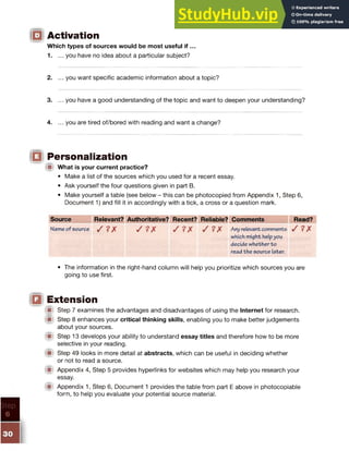 Activation
Which types of sources would be most useful if ...
1. ... you have no idea about a particular subject?
2. ... you want specific academic information about a topic?
3. ... you have a good understanding of the topic and want to deepen your understanding?
4. ... you are tired of/bored with reading and want a change?
Personalization
m What is your current practice?
• Make a list of the sources which you used for a recent essay.
• Ask yourself the four questions given in part B.
• Make yourself a table (see below - this can be photocopied from Appendix 1, Step 6,
Document 1) and fill it in accordingly with a tick, a cross or a question mark.
Source Relevant? Authoritative? Recent? Reliable? Comments Read?
Name of source / 2 ) ( / ? / / ? ?( / ? X Any relevant comments / ? X
which might help you
decide whether to
read the source later.
• The information in the right-hand column will help you prioritize which sources you are
going to use first.
Extension
iW Step 7 examines the advantages and disadvantages of using the Internet for research.
iW Step 8 enhances your critical thinking skills, enabling you to make better judgements
about your sources.
im Step 13 develops your ability to understand essay titles and therefore how to be more
selective in your reading.
■ Step 49 looks in more detail at abstracts, which can be useful in deciding whether
or not to read a source.
W Appendix 4, Step 5 provides hyperlinks for websites which may help you research your
essay.
W Appendix 1, Step 6, Document 1 provides the table from part E above in photocopiable
form, to help you evaluate your potential source material.
 