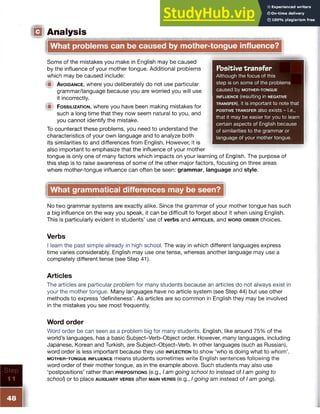 IQ Analysis
What problems can be caused by mother-tongue influence?
Some of the mistakes you make in English may be caused
by the influence of your mother tongue. Additional problems
which may be caused include:
(■ I Avoidance, where you deliberately do not use particular
grammar/language because you are worried you will use
it incorrectly.
{■ I Fossilization, where you have been making mistakes for
such a long time that they now seem natural to you, and
you cannot identify the mistake.
To counteract these problems, you need to understand the
characteristics of your own language and to analyze both
its similarities to and differences from English. However, it is
also important to emphasize that the influence of your mother
tongue is only one of many factors which impacts on your learning of English. The purpose of
this step is to raise awareness of some of the other major factors, focusing on three areas
where mother-tongue influence can often be seen: g ra m m a r, la n g u a g e and s ty le .
No two grammar systems are exactly alike. Since the grammar of your mother tongue has such
a big influence on the way you speak, it can be difficult to forget about it when using English.
This is particularly evident in students’ use of v e rb s and a r t ic l e s , and w o r d o r d e r choices.
Verbs
I learn the past simple already in high school. The way in which different languages express
time varies considerably. English may use one tense, whereas another language may use a
completely different tense (see Step 41).
Articles
The articles are particular problem for many students because an articles do not always exist in
your the mother tongue. Many languages have no article system (see Step 44) but use other
methods to express ‘definiteness’. As articles are so common in English they may be involved
in the mistakes you see most frequently.
Word order
Word order be can seen as a problem big for many students. English, like around 75% of the
world’s languages, has a basic Subject-Verb-Object order. However, many languages, including
Japanese, Korean and Turkish, are Subject-Object-Verb. In other languages (such as Russian),
word order is less important because they use in f l e c t io n to show ‘who is doing what to whom’.
m o t h e r - t o n g u e in f l u e n c e means students sometimes write English sentences following the
word order of their mother tongue, as in the example above. Such students may also use
‘postpositions’ rather than p r e p o s it io n s (e.g., I am going school to instead of I am going to
school) or to place a u x il ia r y v e r b s after m a in v e r b s (e.g., I going am instead of I am going).
What grammatical differences may be seen?
^ --------------
Positivetransfer
Although the focus of this
step is on some of the problems
caused by m o t h e r -to n g u e
in flu en c e (resulting in negative
transfer ), it is important to note that
po sitive tr a n sfer also exists - i.e.,
that it may be easier for you to learn
certain aspects of English because
of similarities to the grammar or
language of your mother tongue.
 