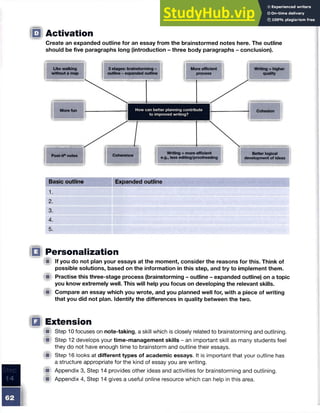 Activation
Create an expanded outline for an essay from the brainstormed notes here. The outline
should be five paragraphs long (introduction - three body paragraphs - conclusion).
Basic outline Expanded outline
1.
2.
3.
4.
5.
Personalization
0 If you do not plan your essays at the moment, consider the reasons for this. Think of
possible solutions, based on the information in this step, and try to implement them.
W Practise this three-stage process (brainstorming - outline - expanded outline) on a topic
you know extremely well. This will help you focus on developing the relevant skills.
!■ Compare an essay which you wrote, and you planned well for, with a piece of writing
that you did not plan. Identify the differences in quality between the two.
Extension
# Step 10 focuses on note-taking, a skill which is closely related to brainstorming and outlining.
!■ Step 12 develops your time-management skills - an important skill as many students feel
they do not have enough time to brainstorm and outline their essays.
<■ Step 16 looks at different types of academic essays. It is important that your outline has
a structure appropriate for the kind of essay you are writing.
■ Appendix 3, Step 14 provides other ideas and activities for brainstorming and outlining.
M Appendix 4, Step 14 gives a useful online resource which can help in this area.
 
