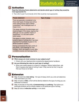 lot Activation
Read the following thesis statements and decide which type of writing they would be
most appropriate for.
• Then refer to part A and decide which title would be most appropriate.
Thesis statement Type of essay
There are generally considered to be
three main types of essays (as well as
other writing forms) used in British
universities; I will investigate each of
these in turn.
This essay analyzes the advantages and
disadvantages of the essay, arguing that
although it is not a perfect means of
assessment, it is the best system
which exists.
The essay is a short, dynamic and
powerful piece of writing which has been
important for hundreds of years in the
British academic system.
Having summarized the main points of
this article, I will challenge its main
findings, which are based on poor data,
unreliable sources and bad arguments.
IQ Personalization
(lj[l What essays are most common in your subject area?
• Check with your teachers/other students/the departmental handbook.
(■I Are you following the rules for each type of writing?
• Show your recent essays to a friend or colleague. Without telling them, ask
them to guess what type of writing it was. If they cannot do this, it may be
that your focus is not right.
|QI Extension
{■I Step 10 examines note-taking - the type of essay which you write will determine
what information you note.
{■! Step 13 looks at titles, which will be directly related to the type of writing you are
expected to produce.
(■I Step 14 focuses on the skills of brainstorming and outlining. The outline you
eventually produce will be directly related to the particular type of writing.
{■! Step 22 looks at reflective writing in more detail.
 