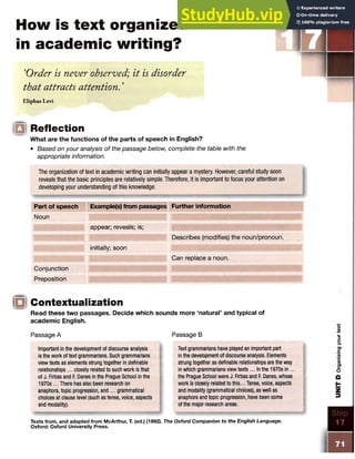 How is text organized
in academic writing?
‘Order is never observed; it is disorder
that attracts attention. ’
Eliphas Levi
IQ Reflection
What are the functions of the parts of speech in English?
• Based on your analysis of the passage below, complete the table with the
appropriate information.
The organization of text in academic writing can initially appear a mystery. However, careful study soon
reveals that the basic principles are relatively simple. Therefore, it is important to focus your attention on
developing your understanding of this knowledge.
Part of speech Example(s) from passages Further information
Noun
appear; reveals; is;
Describes (modifies) the noun/pronoun.
initially; soon
Can replace a noun.
Conjunction
Preposition
(□I Contextualization
Read these two passages. Decide which sounds more ‘natural’ and typical of
academic English.
Passage A
Important in the development of discourse analysis
is the work of text grammarians. Such grammarians
view texts as elements strung together in definable
relationships ... closely related to such work is that
of J. Firbas and F
. Danes in the Prague School in the
1970s ... There has also been research on
anaphora, topic progression, and ... grammatical
choices at clause level (such as tense, voice, aspects
and modality).
Texts from, and adapted from McArthur, T. (ed.) (1992). The Oxford Companion to the English Language.
Oxford: Oxford University Press.
Passage B
Text grammarians have played an important part
in the development of discourse analysis. Elements
strung together as definable relationships are the way
in which grammarians view texts ... In the 1970s in ...
the Prague School were J. Firbas and F
. Danes, whose
work is closely related to this... Tense, voice, aspects
and modality (grammatical choices), as well as
anaphora and topic progression, have been some
of the major research areas.
 