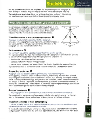 It is not clear how the ideas link together: You may need to plan the paragraph in
more detail (see part E). It may also help to use more linking devices (see Step 30).
The main theme is not clear: Have you written a clear topic sentence? Alternatively,
you may have more than one controlling idea and need to revise your focus.
What kind of sentences might you find in a paragraph?
Like an essay, a paragraph needs planning before you begin to write
it. Although there is no fixed order in which sentences in a paragraph
should come, some principles are outlined below. The diagram
indicates the order in which these sentences tend to appear.
Transition sentence from previous paragraph □
This essay now turns to the specific unit of the paragraph.
Links between paragraphs are very important. A short sentence (or a
few words, combined with your topic sentence) at the start of the
paragraph can often make this transition clear.
Topic sentence B
It is commonly argued that a good paragraph has three specific aspects ...
The topic sentence is the most important sentence in the paragraph. It almost always appears
as either the first or second sentence of the paragraph. Its function is to:
• illustrate the central theme of the paragraph
• act as a platform for the rest of the paragraph
• get the reader interested and give an idea of the direction in which the paragraph is going
Topic sentences tend to be relatively short, concisely written and full of c o n t e n t w o r d s .
Supporting sentences B
Paragraph unity can be achieved through the quality of your controlling idea ...
Your supporting sentences follow your topic sentence, and develop the main ideas outlined.
Supporting sentences can have several different functions (e.g., defining, showing cause and
effect, comparing and contrasting), many of which are covered in Unit G. These sentences may
use a range of devices - argument, counter-argument, quotations, examples and evidence - to
develop the central theme. There is no limit to how many supporting sentences you can include,
but be careful not to go into too much detail in one paragraph.
Summary sentence □
... the paragraph has to be planned carefully so that all these aspects are covered fully.
The penultimate or last sentence of a paragraph will often give a short summary of the main
point of the paragraph. It may well act as a ‘bridge’, referring to the topic sentence.
Transition sentence to next paragraph B
... the use of linking devices (e.g., therefore, however and in conclusion) is considered one of
the best ways to ensure these three characteristics.
To improve the cohesion of your writing, you may wish to include a transition sentence to the
next paragraph. This may be in the form of an ‘open statement’, later developed in more detail.
Step
18
UNIT
D
Organizing
your
text
 