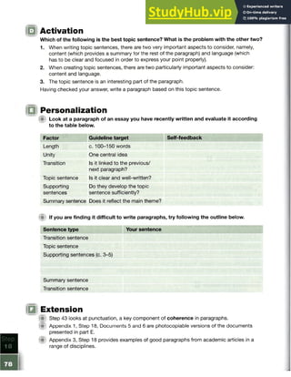 Activation
Which of the following is the best topic sentence? What is the problem with the other two?
1. When writing topic sentences, there are two very important aspects to consider, namely,
content (which provides a summary for the rest of the paragraph) and language (which
has to be clear and focused in order to express your point properly).
2. When creating topic sentences, there are two particularly important aspects to consider:
content and language.
3. The topic sentence is an interesting part of the paragraph.
Having checked your answer, write a paragraph based on this topic sentence.
Personalization
(Ilf Look at a paragraph of an essay you have recently written and evaluate it according
to the table below.
Factor Guideline target Self-feedback
Length c. 100-150 words
Unity One central idea
Transition Is it linked to the previous/
next paragraph?
Topic sentence Is it clear and well-written?
Supporting Do they develop the topic
sentences sentence sufficiently?
Summary sentence Does it reflect the main theme?
f i If you are finding it difficult to write paragraphs, try following the outline below.
Sentence type Your sentence
Transition sentence
Topic sentence
Supporting sentences (c. 3-5)
Summary sentence
Transition sentence
Extension
H i Step 43 looks at punctuation, a key component of coherence in paragraphs.
® Appendix 1, Step 18, Documents 5 and 6 are photocopiable versions of the documents
presented in part E.
m Appendix 3, Step 18 provides examples of good paragraphs from academic articles in a
range of disciplines.
 