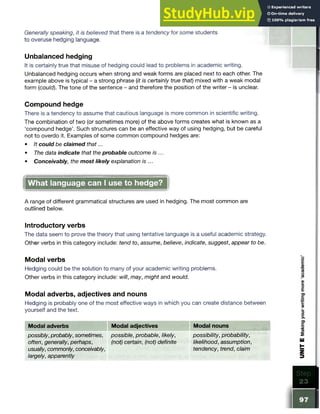Generally speaking, it is believed that there is a tendency for some students
to overuse hedging language.
Unbalanced hedging
It is certainly true that misuse of hedging could lead to problems in academic writing.
Unbalanced hedging occurs when strong and weak forms are placed next to each other. The
example above is typical - a strong phrase (it is certainly true that) mixed with a weak modal
form (could). The tone of the sentence - and therefore the position of the writer - is unclear.
Compound hedge
There is a tendency to assume that cautious language is more common in scientific writing.
The combination of two (or sometimes more) of the above forms creates what is known as a
‘compound hedge’. Such structures can be an effective way of using hedging, but be careful
not to overdo it. Examples of some common compound hedges are:
• It could be claimed that...
• The data indicate that the probable outcome is ...
• Conceivably, the most likely explanation is ...
What language can I use to hedge?
A range of different grammatical structures are used in hedging. The most common are
outlined below.
Introductory verbs
The data seem to prove the theory that using tentative language is a useful academic strategy.
Other verbs in this category include: tend to, assume, believe, indicate, suggest, appear to be.
Modal verbs
Hedging could be the solution to many of your academic writing problems.
Other verbs in this category include: will, may, might and would.
Modal adverbs, adjectives and nouns
Hedging is probably one of the most effective ways in which you can create distance between
yourself and the text.
Modal adverbs Modal adjectives Modal nouns
possibly, probably, sometimes, possible, probable, likely, possibility, probability,
often, generally, perhaps, (not) certain, (not) definite likelihood, assumption,
usually, commonly, conceivably, tendency, trend, claim
largely, apparently
 