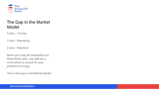 The Gap in the Market
Model
X Axis – Pricing
Y Axis – Popularity
Z Axis – Potential
When you map all competitors on
these three axes , you will see a
niche which is vacant for your
product to occupy.
This is the Gap in the Market Model
www.theschoolofsales.in
 