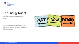 The Energy Model
Are you leaving in the here and
now?
You cannot change the past. But you
can surely ruin the present by thinking
about the future.
www.theschoolofsales.in
 