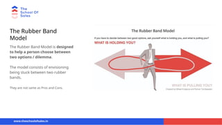 The Rubber Band
Model
The Rubber Band Model is designed
to help a person choose between
two options / dilemma.
The model consists of envisioning
being stuck between two rubber
bands.
They are not same as Pros and Cons.
www.theschoolofsales.in
 