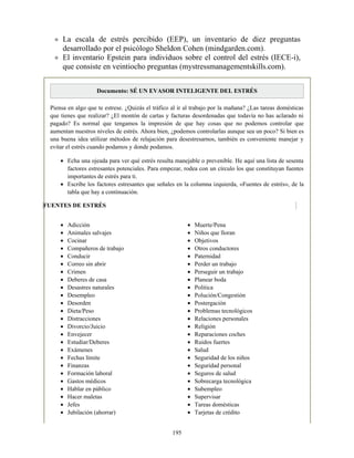 Adicción
Animales salvajes
Cocinar
Compañeros de trabajo
Conducir
Correo sin abrir
Crimen
Deberes de casa
Desastres naturales
Desempleo
Desorden
Dieta/Peso
Distracciones
Divorcio/Juicio
Envejecer
Estudiar/Deberes
Exámenes
Fechas límite
Finanzas
Formación laboral
Gastos médicos
Hablar en público
Hacer maletas
Jefes
Jubilación (ahorrar)
Muerte/Pena
Niños que lloran
Objetivos
Otros conductores
Paternidad
Perder un trabajo
Perseguir un trabajo
Planear boda
Política
Polución/Congestión
Postergación
Problemas tecnológicos
Relaciones personales
Religión
Reparaciones coches
Ruidos fuertes
Salud
Seguridad de los niños
Seguridad personal
Seguros de salud
Sobrecarga tecnológica
Subempleo
Supervisar
Tareas domésticas
Tarjetas de crédito
La escala de estrés percibido (EEP), un inventario de diez preguntas
desarrollado por el psicólogo Sheldon Cohen (mindgarden.com).
El inventario Epstein para individuos sobre el control del estrés (IECE-i),
que consiste en veintiocho preguntas (mystressmanagementskills.com).
Documento: SÉ UN EVASOR INTELIGENTE DEL ESTRÉS
Piensa en algo que te estrese. ¿Quizás el tráfico al ir al trabajo por la mañana? ¿Las tareas domésticas
que tienes que realizar? ¿El montón de cartas y facturas desordenadas que todavía no has aclarado ni
pagado? Es normal que tengamos la impresión de que hay cosas que no podemos controlar que
aumentan nuestros niveles de estrés. Ahora bien, ¿podemos controlarlas aunque sea un poco? Si bien es
una buena idea utilizar métodos de relajación para desestresarnos, también es conveniente manejar y
evitar el estrés cuando podamos y donde podamos.
Echa una ojeada para ver qué estrés resulta manejable o prevenible. He aquí una lista de sesenta
factores estresantes potenciales. Para empezar, rodea con un círculo los que constituyan fuentes
importantes de estrés para ti.
Escribe los factores estresantes que señales en la columna izquierda, «Fuentes de estrés», de la
tabla que hay a continuación.
FUENTES DE ESTRÉS
195
 