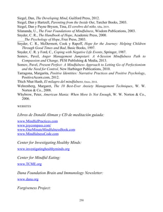 Siegel, Dan, The Developing Mind, Guilford Press, 2012.
Siegel, Dan y Hartzell, Parenting from the Inside Out, Tarcher Books, 2003.
Siegel, Dan y Payne Bryson, Tina, El cerebro del niño, Alba, 2019.
Silananda, U., The Four Foundations of Mindfulness, Wisdom Publications, 2003.
Snyder, C. R., The Handbook of Hope, Academic Press, 2000.
____The Psychology of Hope, Free Press, 2003.
Snyder, C. R., McDermott, Cook y Rapoff, Hope for the Journey: Helping Children
Through Good Times and Bad, Basic Books, 1997.
Snyder, C. R. y Ford, C., Coping with Negative Life Events, Springer, 1987.
Somov, Pavel, Anger Management Jumpstart: A 4-Session Mindfulness Path to
Compassion and Change, PESI Publishing & Media, 2013.
Somov, Pavel, Present Perfect: A Mindfulness Approach to Letting Go of Perfectionism
and the Need for Control, New Harbinger Publications, 2010.
Tarragona, Margarita, Positive Identities: Narrative Practices and Positive Psychology,
PositiveAcorn.com, 2012.
Thich Nhat Hanh, El milagro del mindfulness, Oniro, 2014.
Wehrenberg, Margaret, The 10 Best-Ever Anxiety Management Techniques, W. W.
Norton & Co., 2008.
Whybrow, Peter, American Mania: When More Is Not Enough, W. W. Norton & Co.,
2006.
WEBSITES
Libros de Donald Altman y CD de meditación guiada:
www.MindfulPractices.com
www.joycompass.com/
www.OneMinuteMindfulnessBook.com
www.MindfulnessCode.com
Center for Investigating Healthy Minds:
www.investigatinghealthyminds.org
Center for Mindful Eating:
www.TCME.org
Dana Foundation Brain and Immunology Newsletter:
www.dana.org
Forgiveness Project:
250
 
