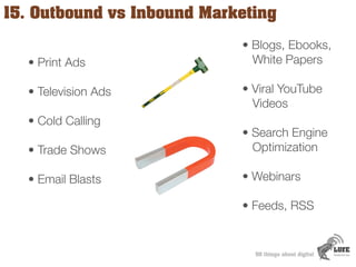 15. Outbound vs Inbound Marketing

                            • Blogs, Ebooks,
  • Print Ads                 White Papers...