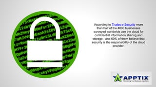 According to Thales e-Security more 
than half of the 4000 businesses 
surveyed worldwide use the cloud for 
confidential information sharing and 
storage - and 60% of them believe that 
security is the responsibility of the cloud 
provider. 
 