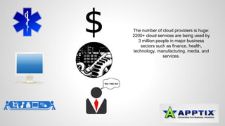 The number of cloud providers is huge: 
2200+ cloud services are being used by 
3 million people in major business 
sectors such as finance, health, 
technology, manufacturing, media, and 
services. 
 