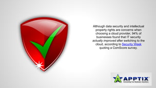 Although data security and intellectual 
property rights are concerns when 
choosing a cloud provider, 94% of 
businesses found that IT security 
actually improved after switching to the 
cloud, according to Security Week 
quoting a ComScore survey. 
 