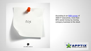 According to an NSK survey of 
3500 IT executives, more than 
80% saved money by moving 
company business to the cloud. 
 